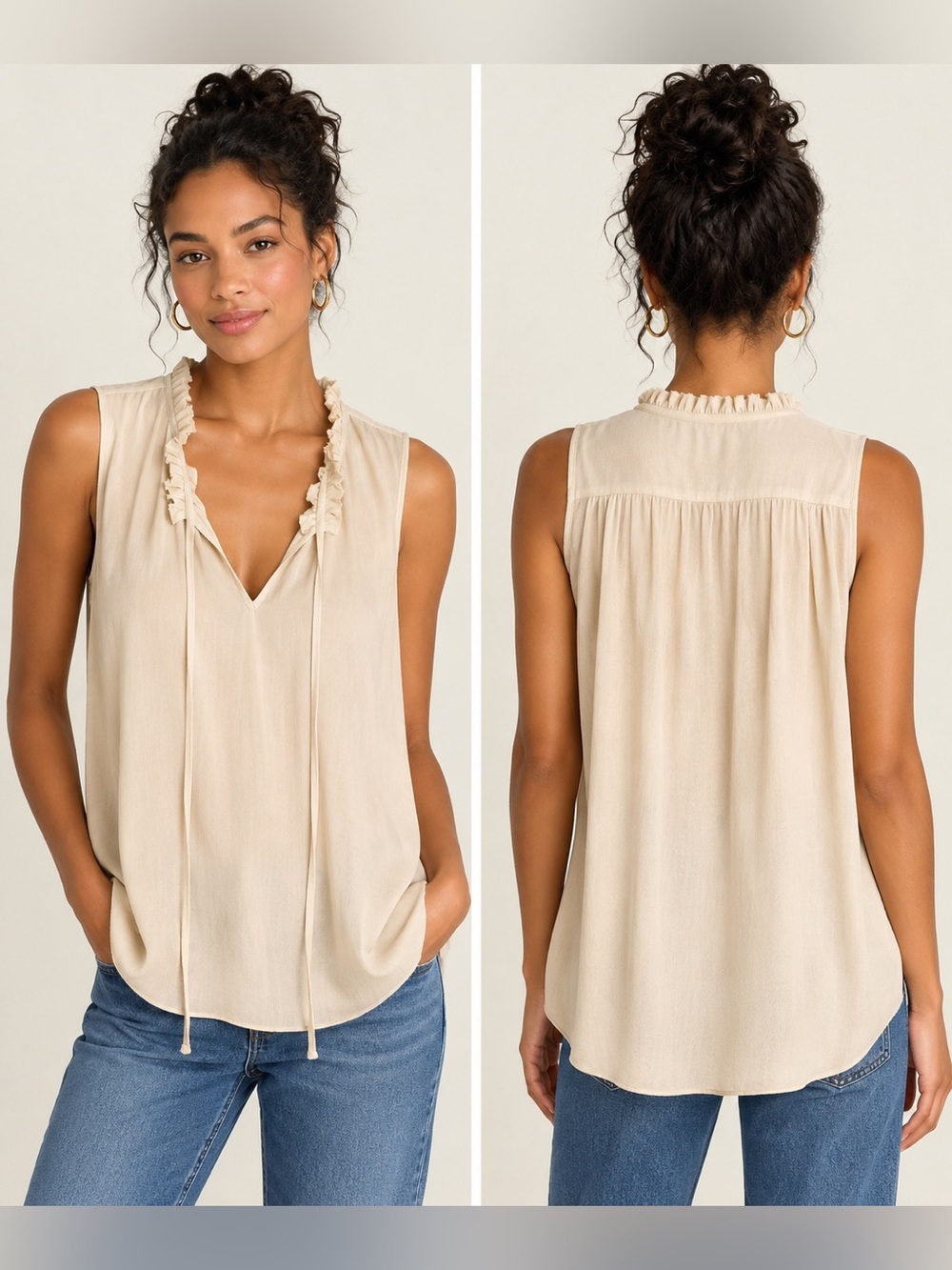 Lola & Sophie Ivory Ruffle Neck Sleeveless Tie Blouse Flowy Top